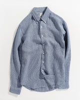 Corfu Button Down in Houndstooth Linen Navy Houndstooth