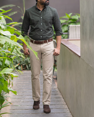 deep forest shirt and chinos