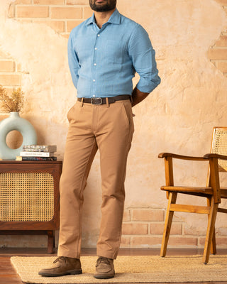 blue linen and camel chinos
