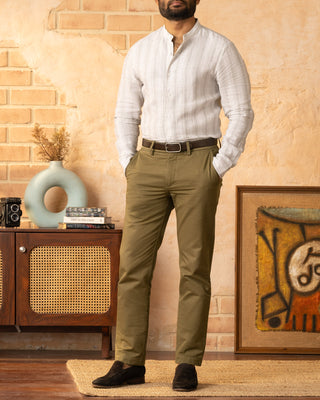 olive chinos and soft sage linen
