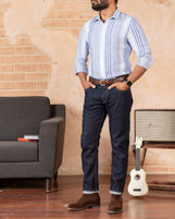 Corfu Spread Collar in Striped Linen Aegan Stripes