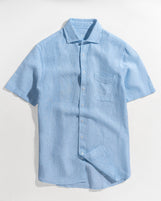 Corfu Spread Collar in Striped Linen Azure Stripes