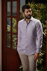 Corfu Spread Collar in Striped Linen Mulberry Stripes