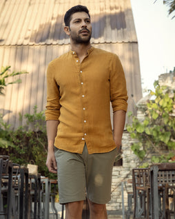 ochre linen and olive shorts