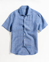 Corfu Spread Collar in Solid Linen Indigo Dobby